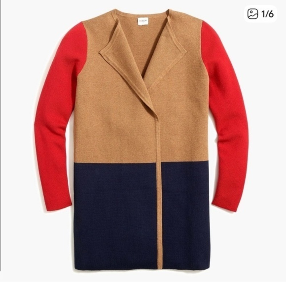 J. Crew Vanessa Colorblock Longline Open Cardigan Red Tan Navy Size XS